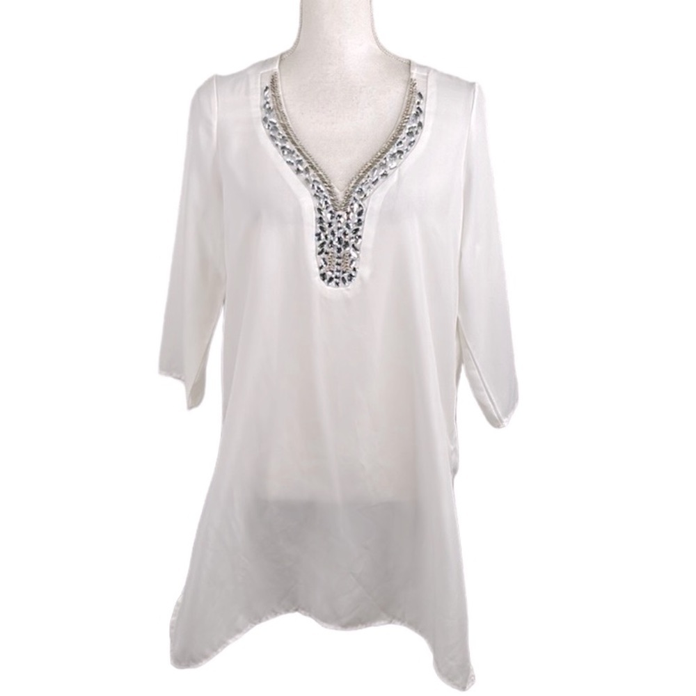 Haani White Boho V-Neck 3/4 Sleeve‎ Sheer Jeweled Cover Up Size M New with tags!